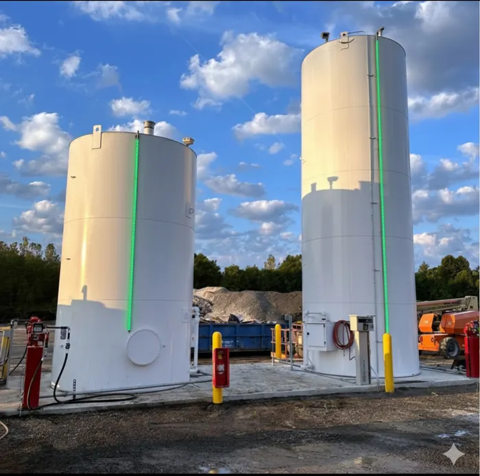 White cryogenic storage tanks under a clear sky
