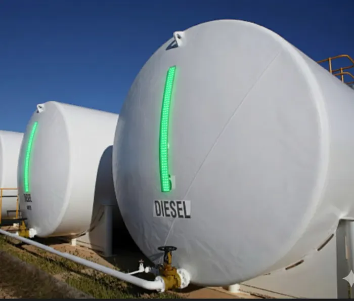 White diesel storage tanks with SHIELD green LED level indicators