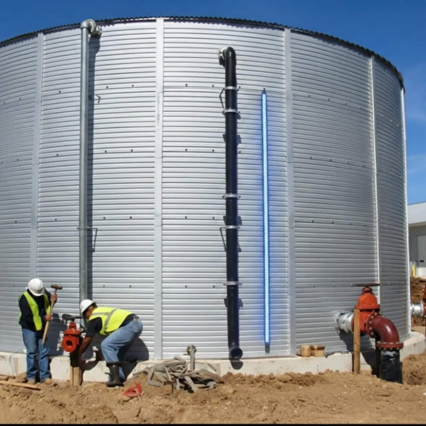 Technicians installing a SHIELD LED level indicator on a storage tank