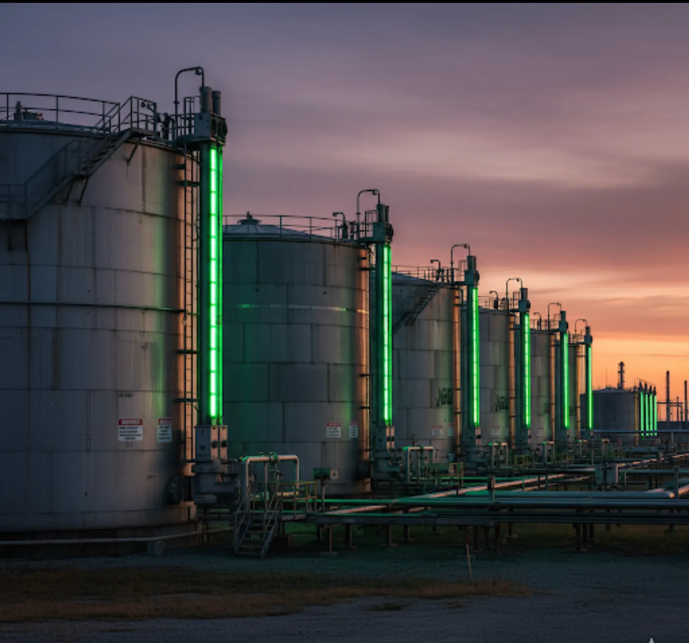 Oil-storage tank farm at sunset with SHIELD green LED level indicators