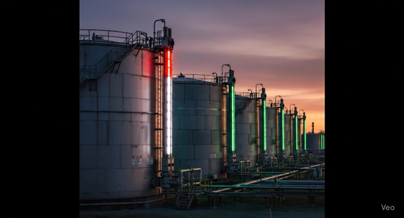 Tank farm at sunset with SHIELD red and green LED level indicators