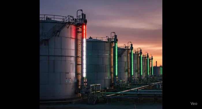 Tank farm at sunset with SHIELD red and green LED level indicators