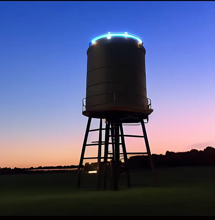 Water tower at sunset with a SHIELD blue LED level ring